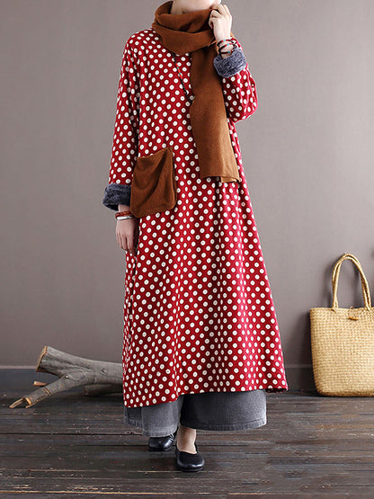 Women Vintage Dot Pocket Loose Thick Dress