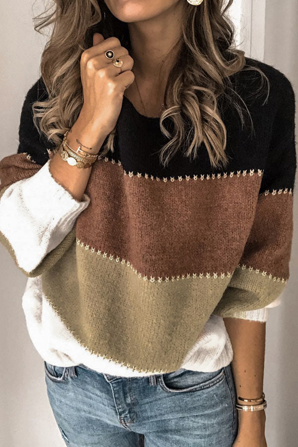 Casual Color Patchwork Round Neck Sweater