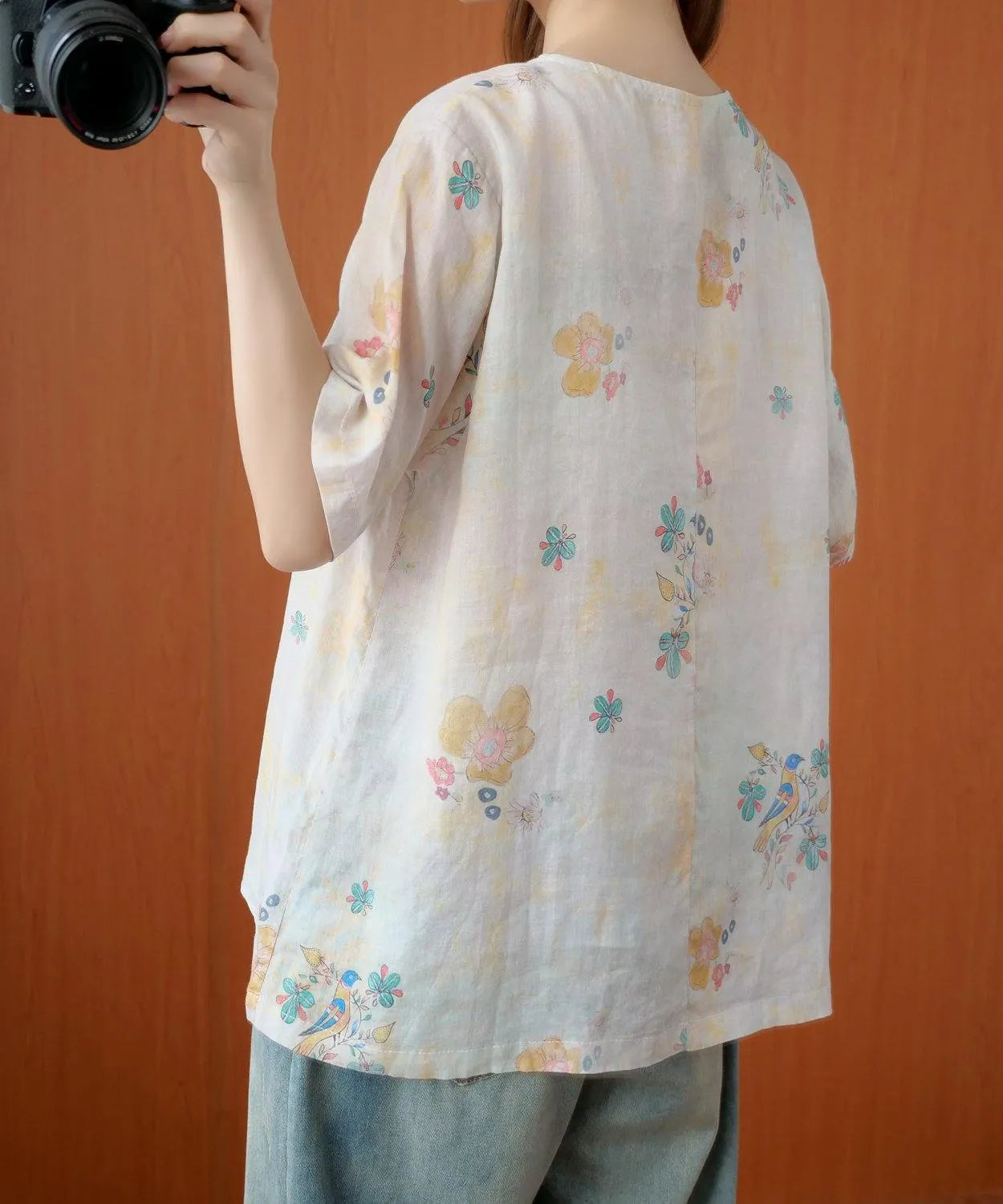 Women beige gray print women blouses o neck silhouette top