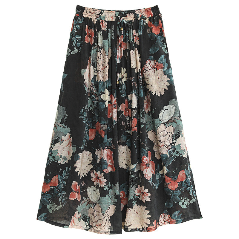 Literary Tencel Linen Print Slim A-Line Skirt