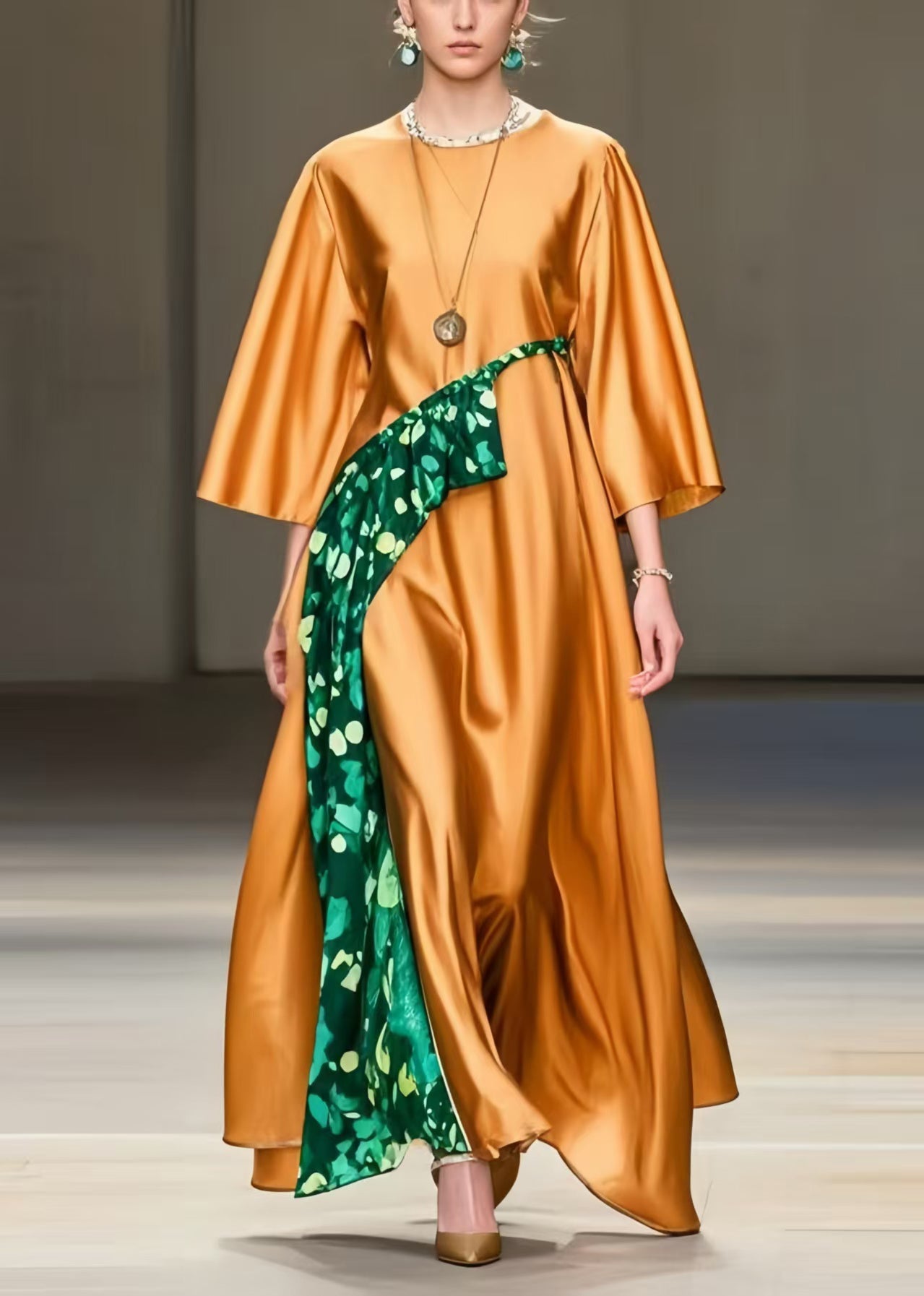 Boho Orange Oversized Print Silk Maxi Dresses Spring
