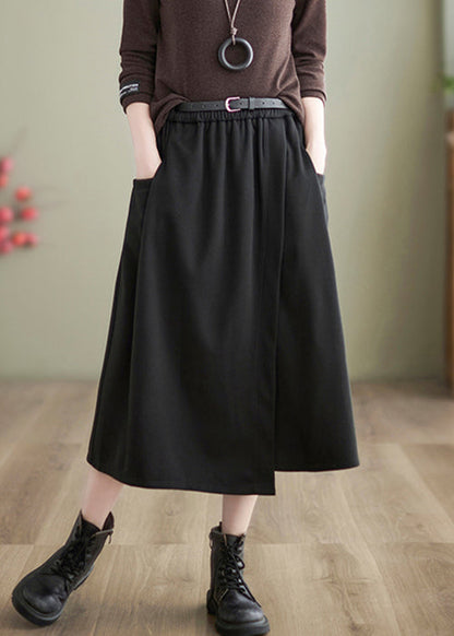 Black High Waist Patchwork Woolen A Line Skirts Asymmetrical