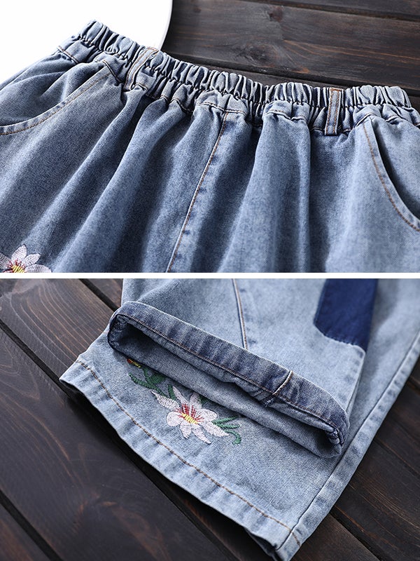 Denim Floral Pocket Low Drop Crotch Embroidered Jeans