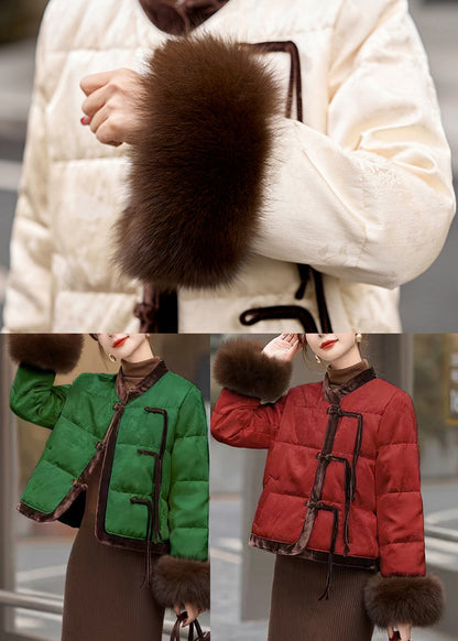 Vintage Red Mandarin Collar Patchwork Duck Down Puffer Coat Winter