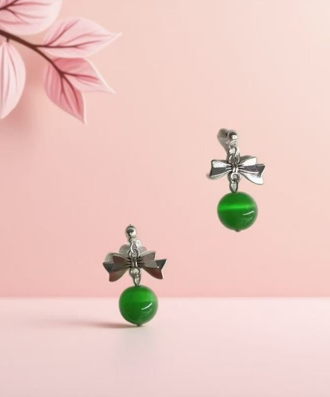 Women Green Copper Alloy Cat's Eye Stone Bow Drop Earrings