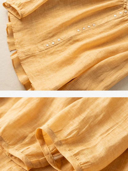 Pure Color Crew Neck Long Sleeve Casual Linen Top