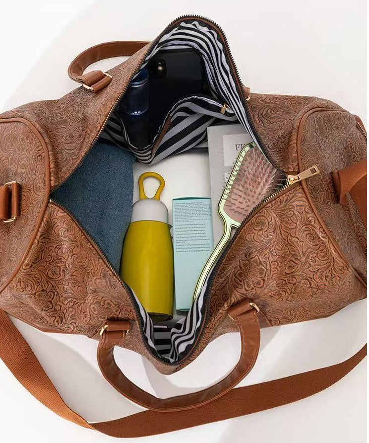 Retro Khaki Print Patchwork Large Capacity Faux Leather Weekender Handbag