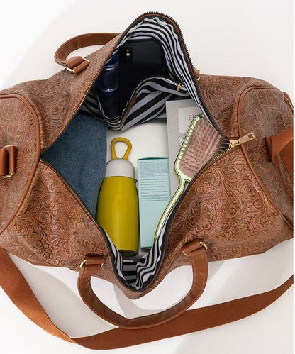Retro Khaki Print Patchwork Large Capacity Faux Leather Weekender Handbag