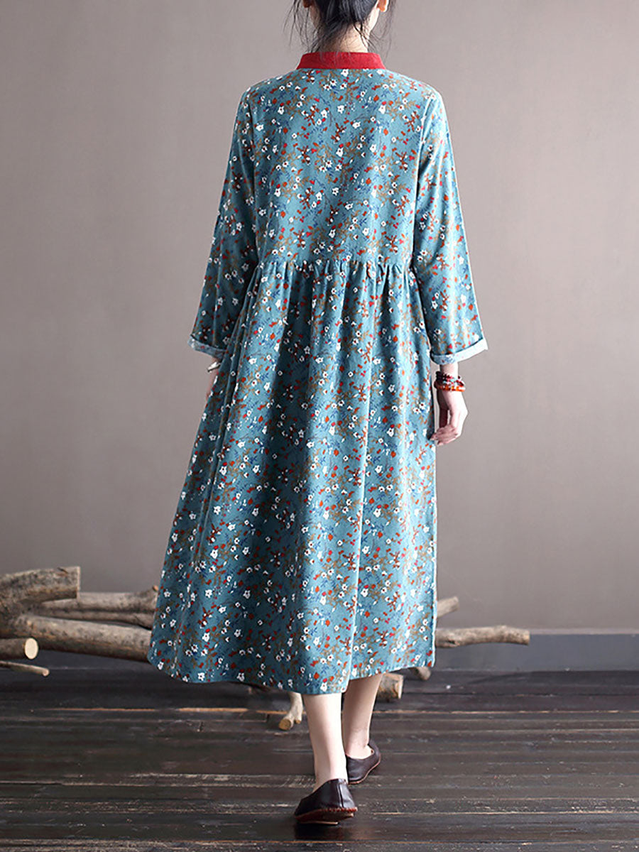 Women Spring National Style Floral Frog Loose Dress
