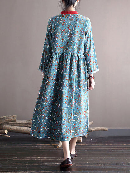 Women Spring National Style Floral Frog Loose Dress