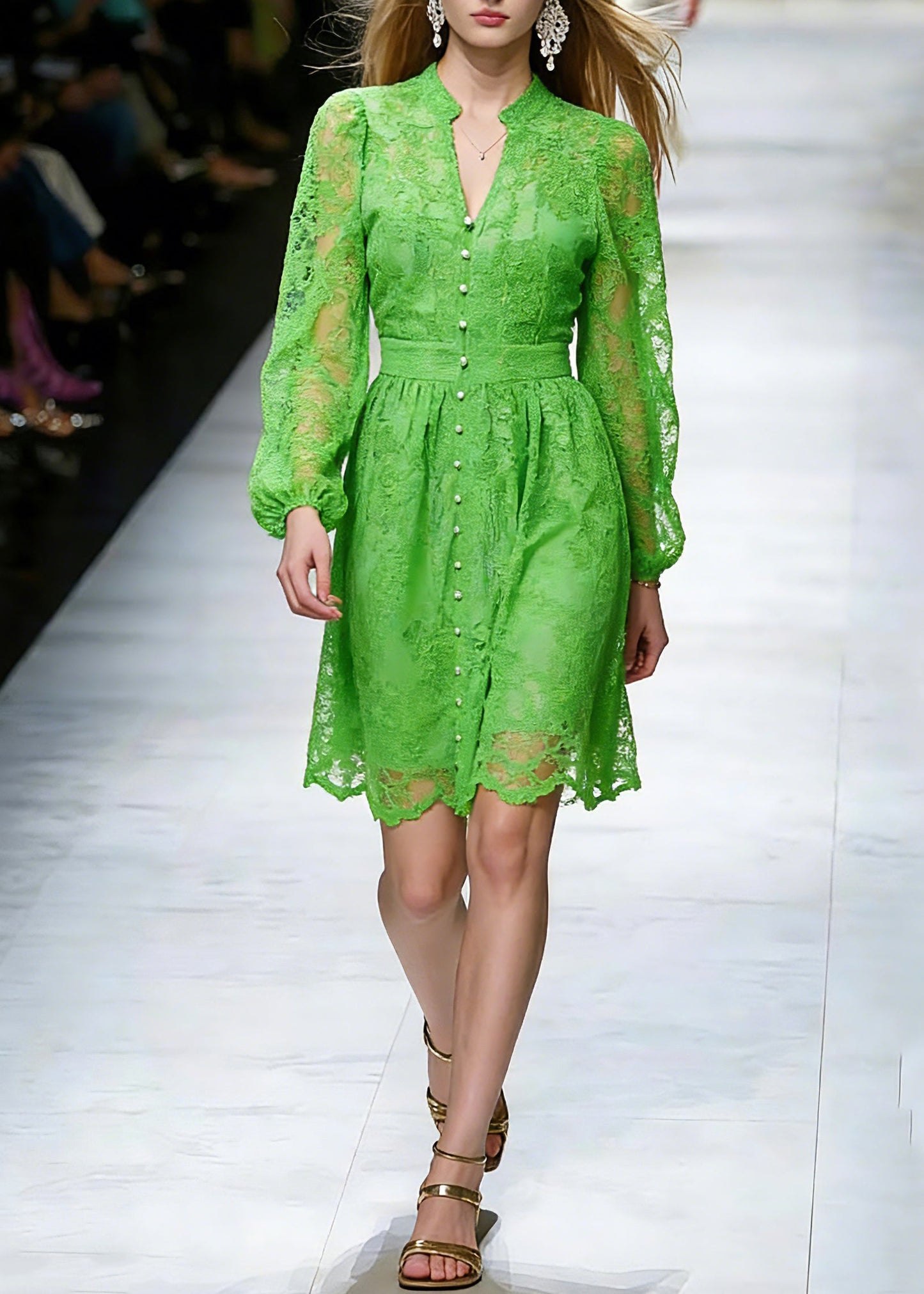 Dinner Green V Neck Lace Patchwork Tulle Mid Dress Spring