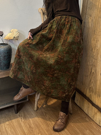Winter Women Vintage Drawstring Print Cotton Skirt