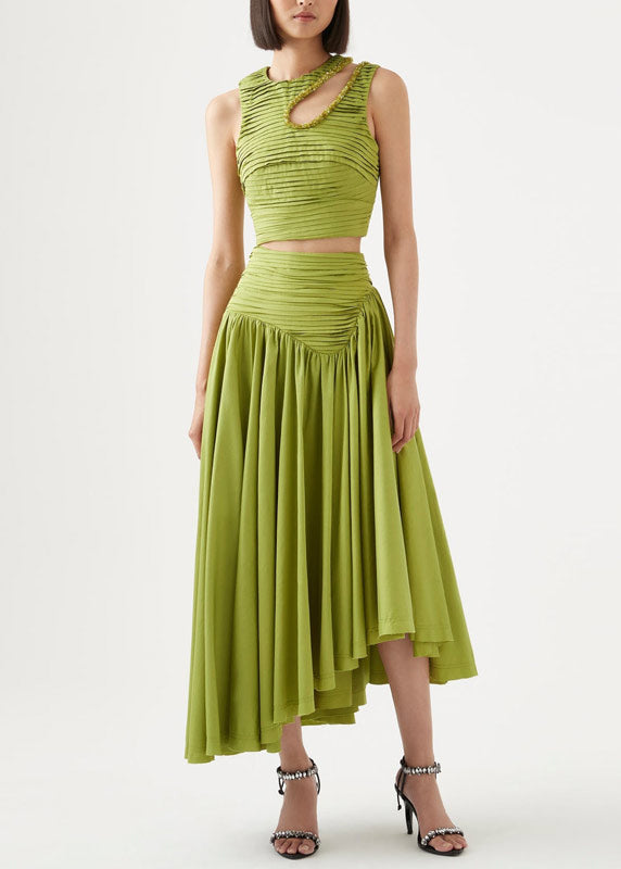 Art Green Wrinkled Hollow Out Cotton Two Piece Set Sleeveless