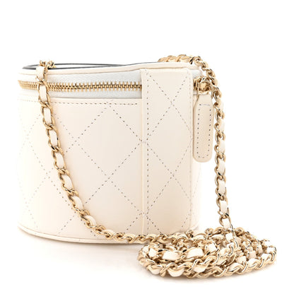 Lambskin Quilted Round Small Vanity Case With Chain White Black