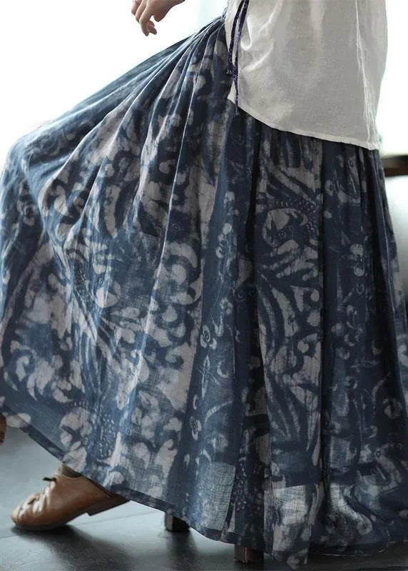 Women orange red Print Ramie Elastic Waist Skirt