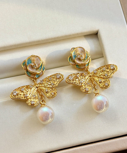 Retro Blue Sterling Silver Overgild Zircon Crystal Pearl Butterfly Drop Earrings