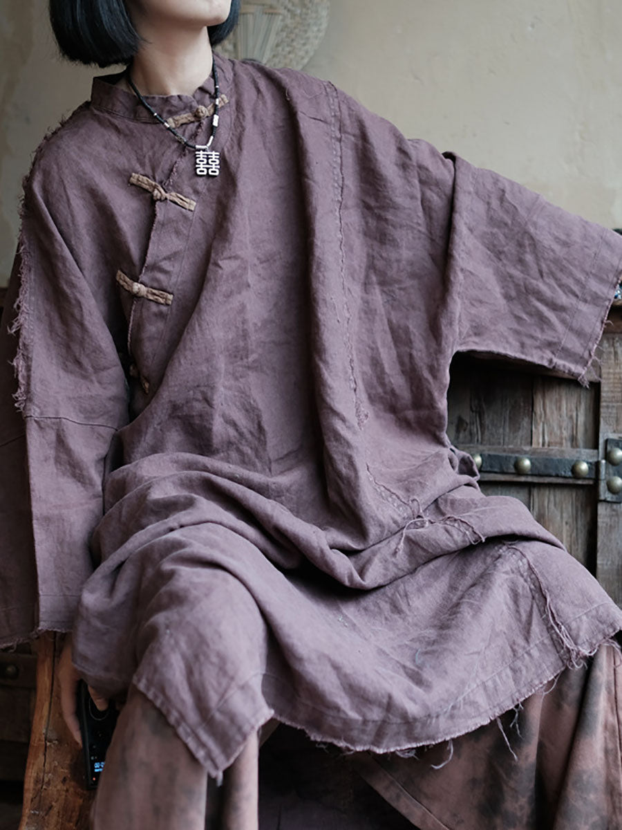 Women Chinese Style Vintage Burrs Button Linen Dress