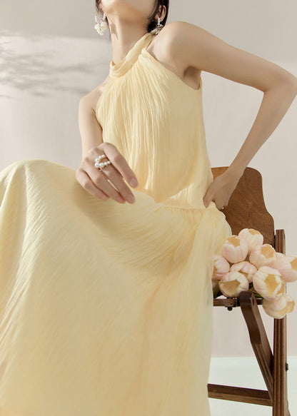 Elegant Yellow Halter Cold Shoulder Patchwork Holiday Maxi Dresses Summer