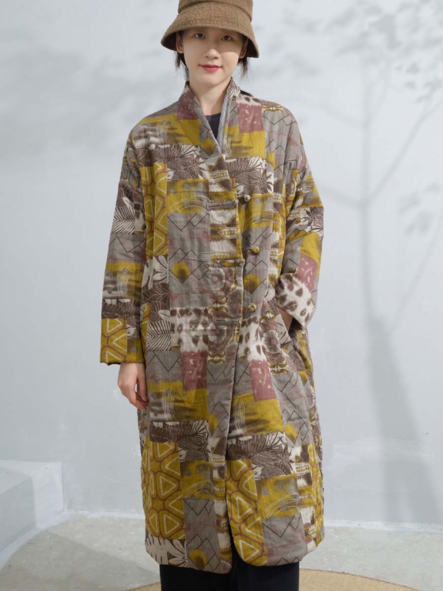 Women Winter Artsy Print Frog Loose Long Coat