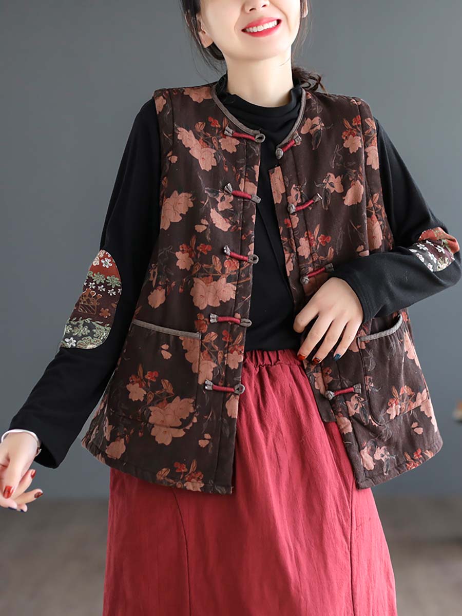 Women Artsy Ethni Floral Print Frog Waistcoat