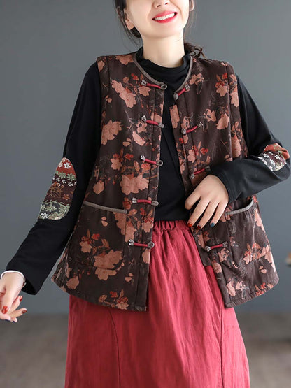 Women Artsy Ethni Floral Print Frog Waistcoat