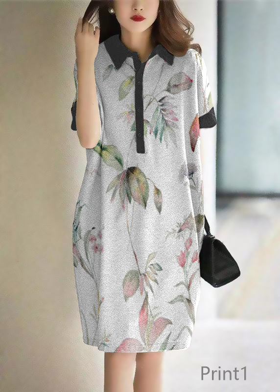 Casual Print2 Peter Pan Collar Button Cotton Maxi Dresses Short Sleeve