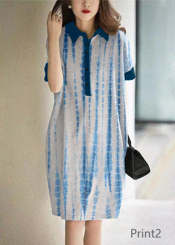 Casual Print1 Peter Pan Collar Button Cotton Maxi Dresses Short Sleeve