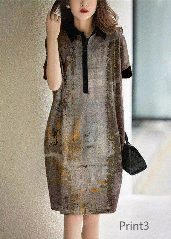 Casual Print3 Peter Pan Collar Button Cotton Maxi Dresses Short Sleeve