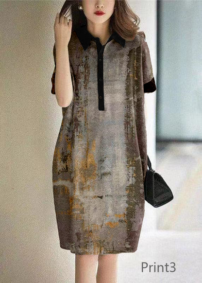 Casual Print2 Peter Pan Collar Button Cotton Maxi Dresses Short Sleeve