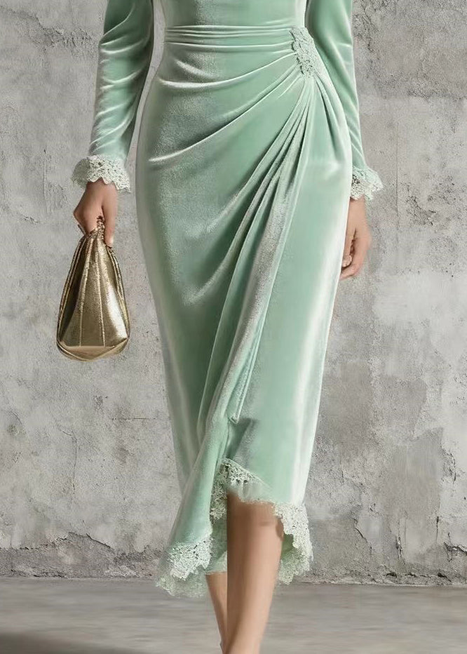 Silm Fit Light Green Lace Patchwork Wrinkled Silk Velvet Long Dress Spring