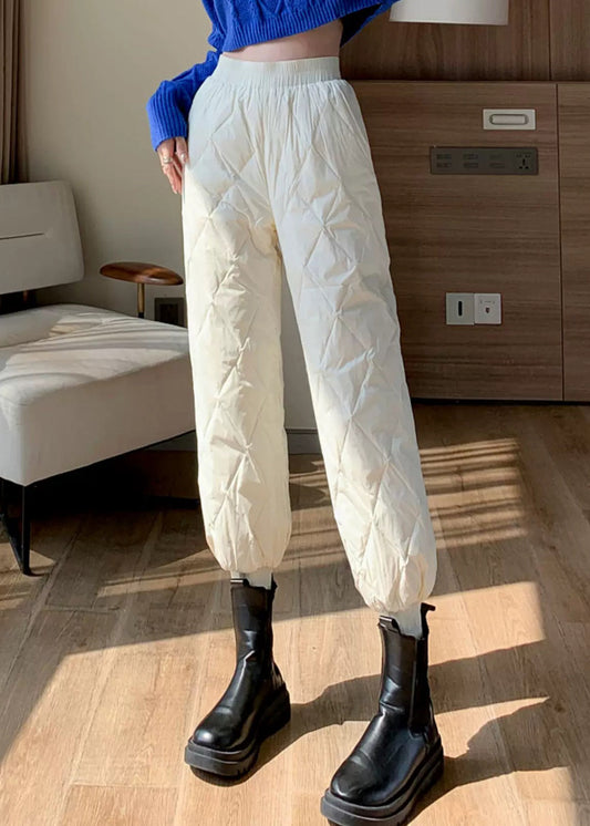 White Pockets Solid Fine Cotton Filled Crop Pants Elastic Waist