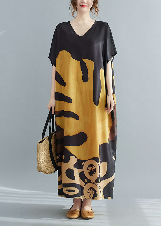 Plus size Loose Black V Neck Oversized Leaf Print Chiffon Long Dress Short Sleeve