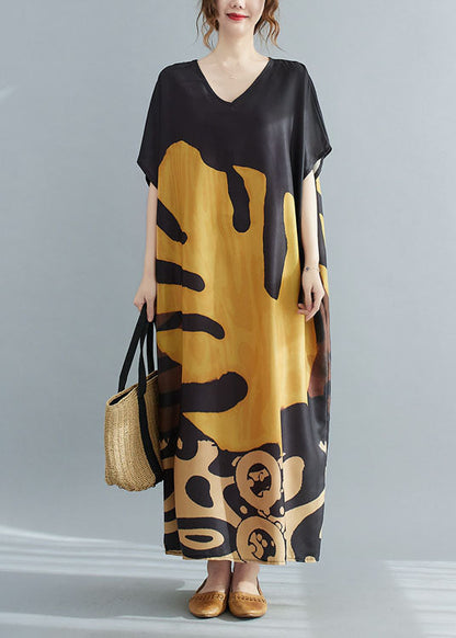 Plus size Loose Black V Neck Oversized Leaf Print Chiffon Long Dress Short Sleeve
