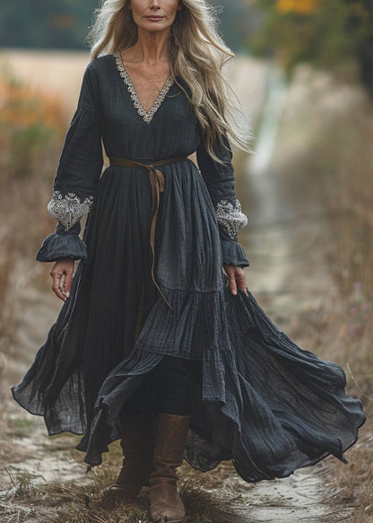 Casual Black V Neck Lace Patchwork Cotton Dresses Spring