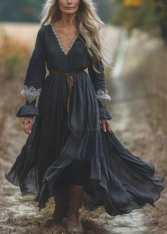 Casual Black V Neck Lace Patchwork Cotton Dresses Spring