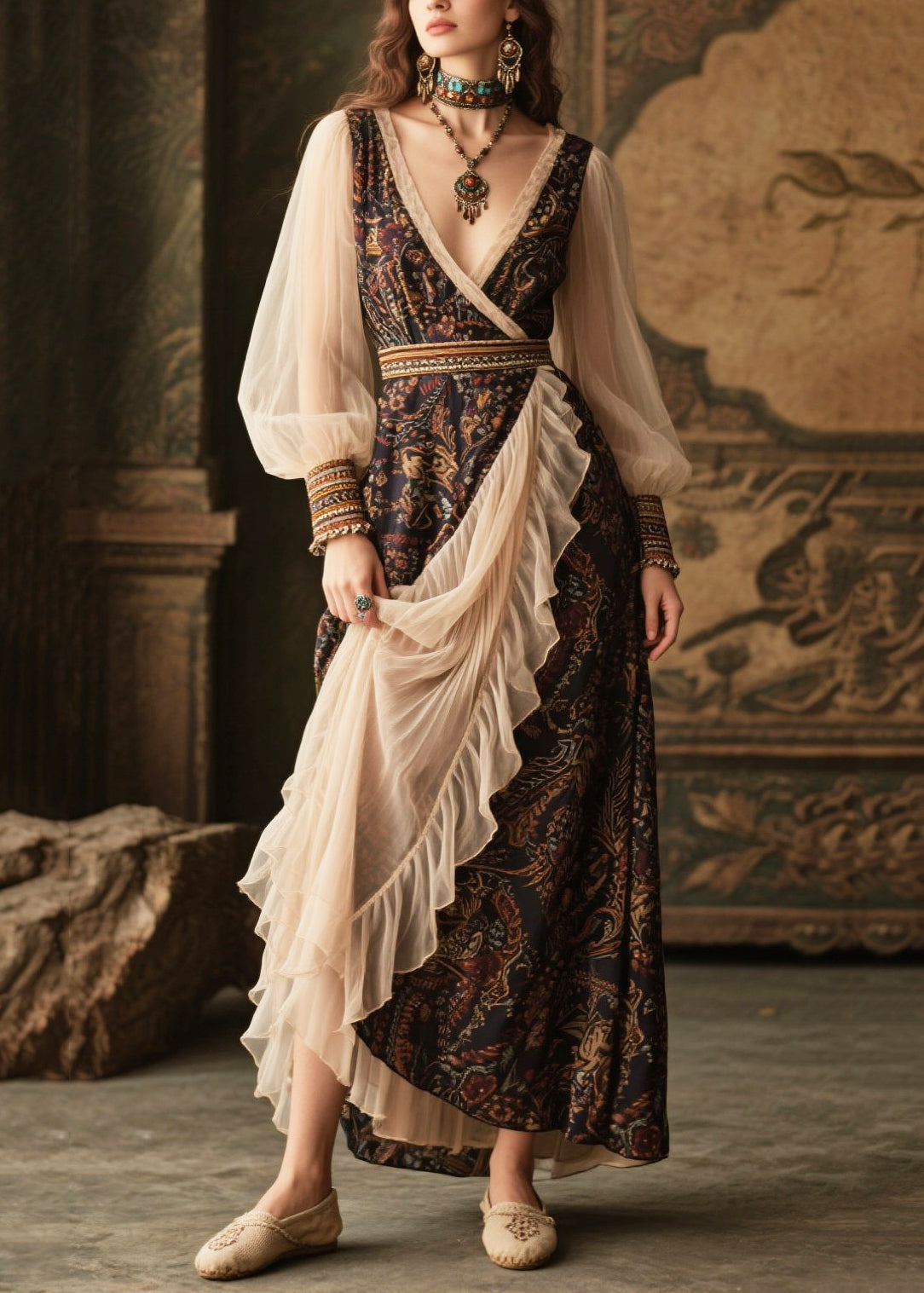 Boho Black V Neck Patchwork Tulle Chiffon Maxi Dresses Lantern Sleeve