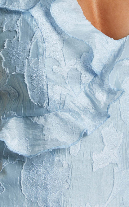 Michaela Midi Dress - Jacquard Ruffle Detail Tiered Dress In Light Blue