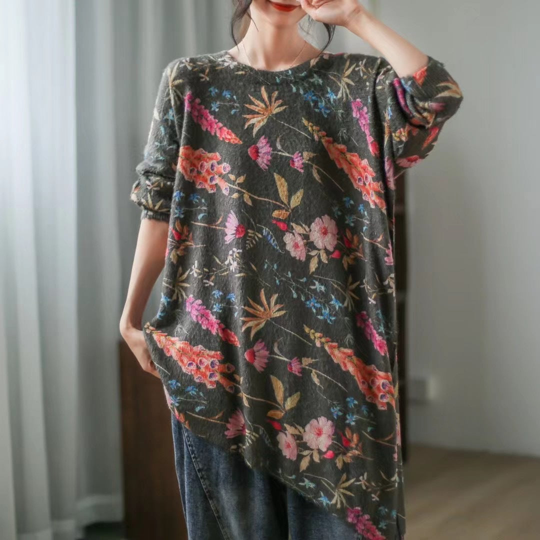 Retro Literary Casual Print Mid-Length Irregular Sweater