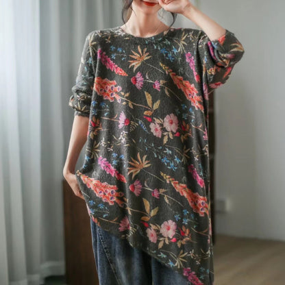 Retro Literary Casual Print Mid-Length Irregular Sweater