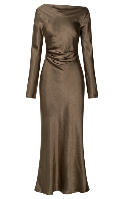 Arriana Midi Dress - Long Sleeve Cowl Back Satin Dress in Dark Olive