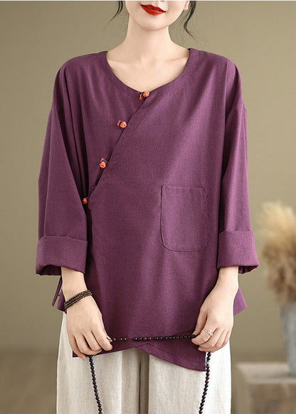 Vintage Purple Oversized Tie Waist Linen Shirts Spring