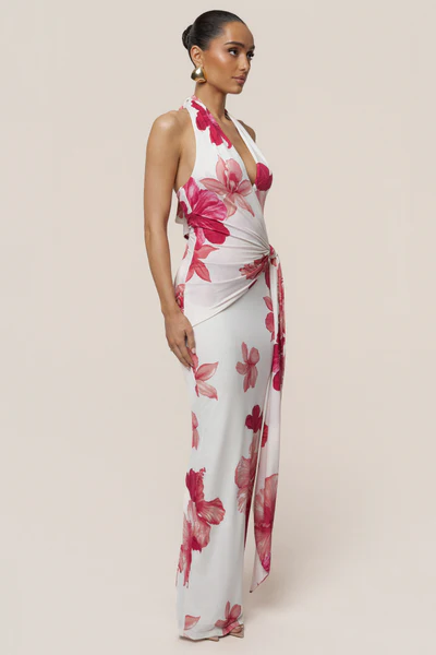 Halter Deep V Twist-Knot Floral Bodycon Maxi Dress