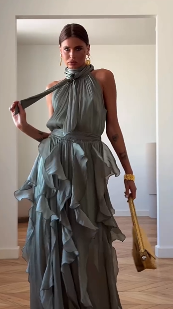 Dusty Green Halter Neck Tie Ruffle Tiered Maxi Dress | Luxury Elegant Drape Evening Gown