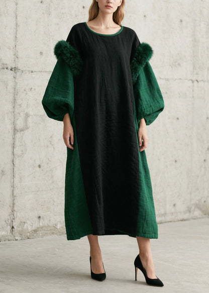 Simple Green Oversized Patchwork Faux Fur Dresses Lantern Sleeve