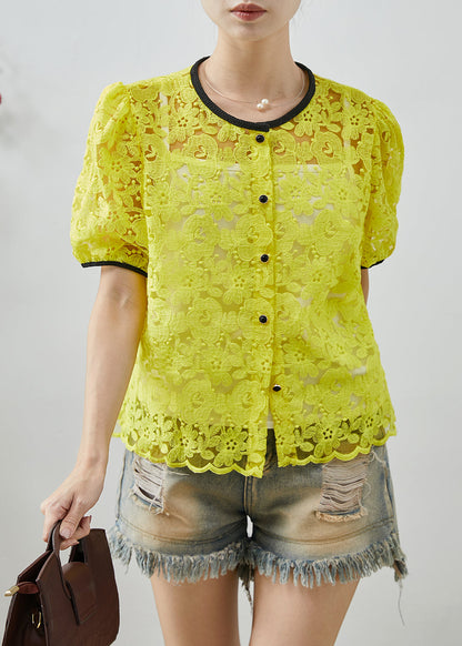 Casual Fluorescent Yellow Embroidered Lace Blouse Top Summer