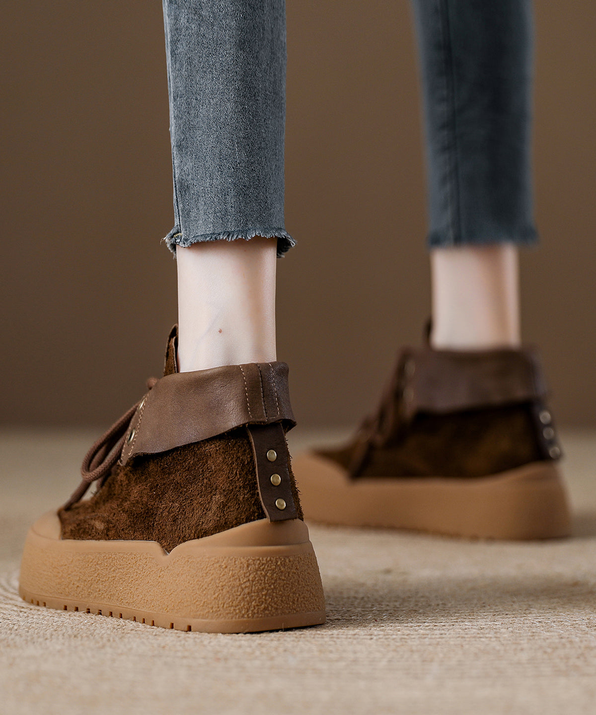 Fashion Khaki Suede Lace Up Splicing Boots