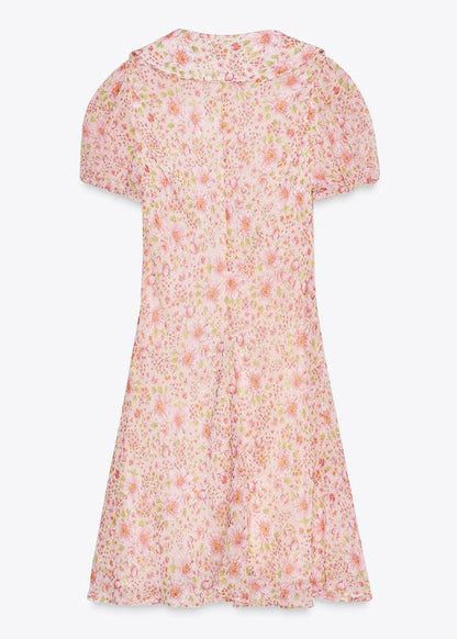 Elegant Pink Print Lace Up Cotton Mid Dress Summer