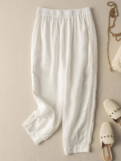 Pure Color Lace Stitching Casual Linen Harem Pants With Pockets