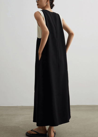 Women Black Pockets Patchwork False Two Pieces Cotton Long Dresses Sleeveless