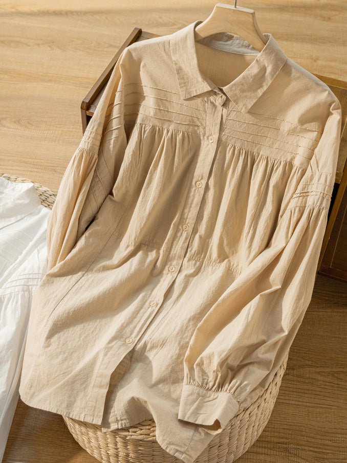 100% Natural Fabric Pleated Loose Shirt In Solid Color